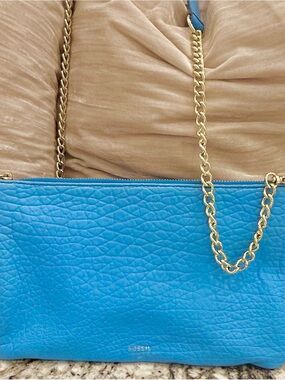 Fossil Bright Turquoise Leather Tote with Gold Chain Handles